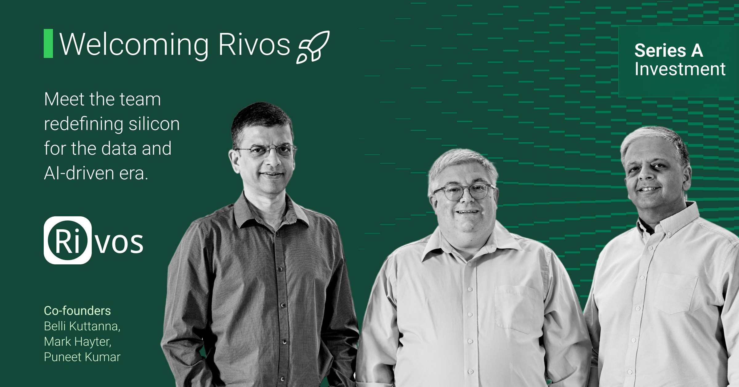 DTC welcomes Rivos to the portfolio. The three cofounders stand side by side.